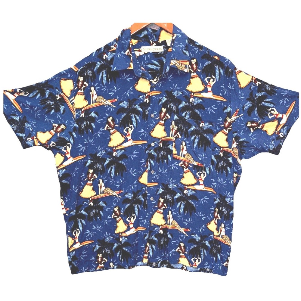 Munsingwear Mens XL Blue Aloha Hawaiian Shirt Hula Girl Surfer Tropical Rayon